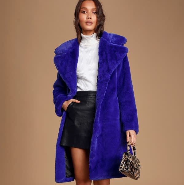blue faux fur coat