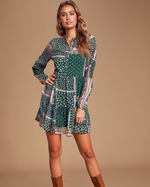 green patchwork paisley shirt dress