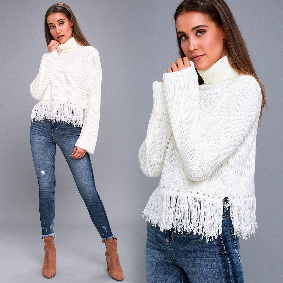 cream fringe cropped sweater