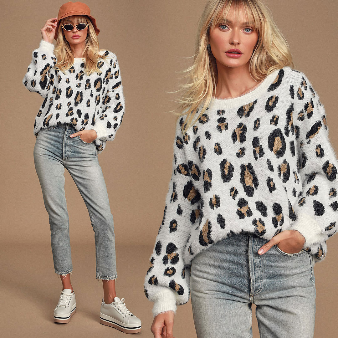 white leopard print eyelash knit sweater