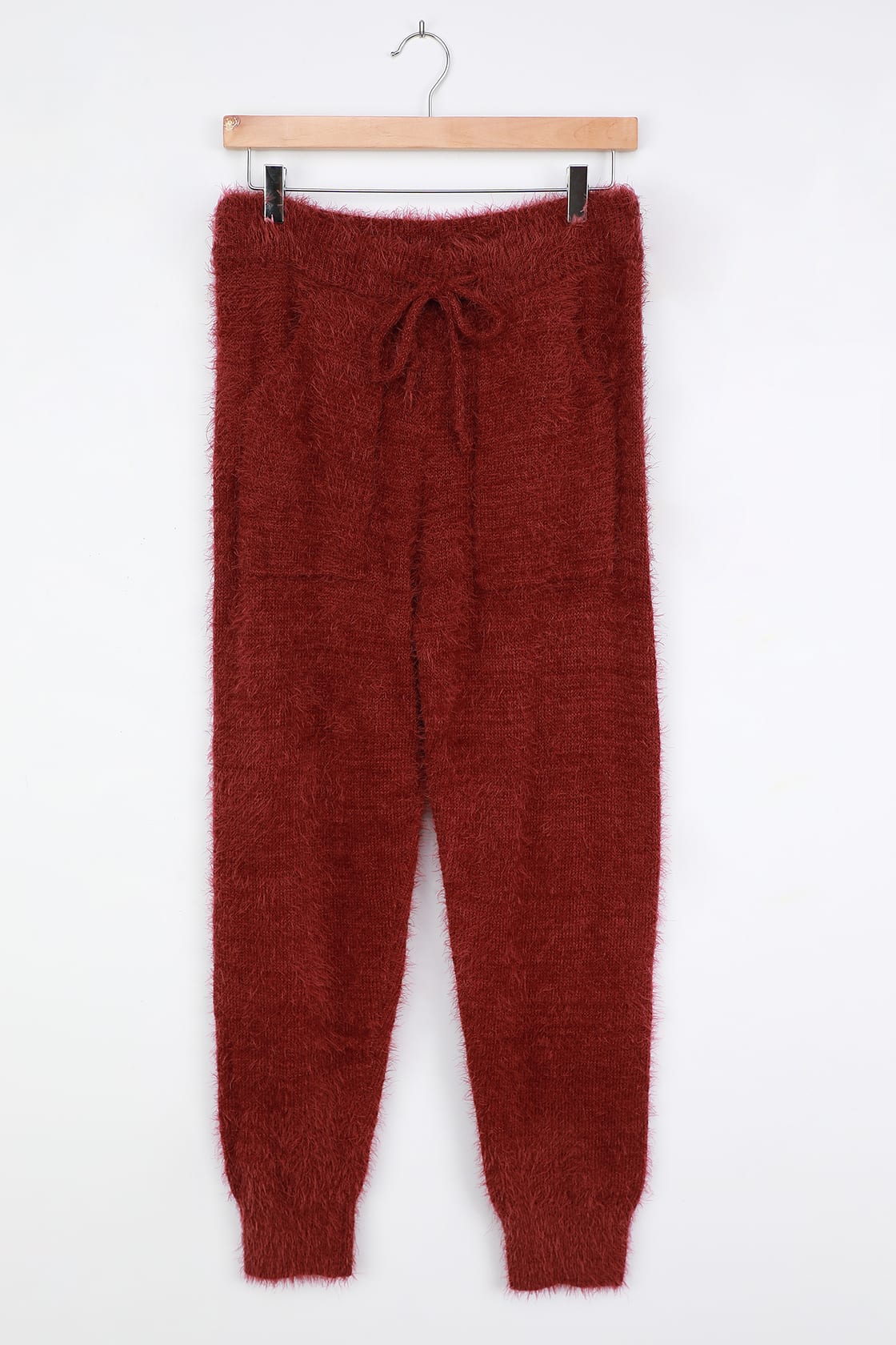 red fuzzy joggers