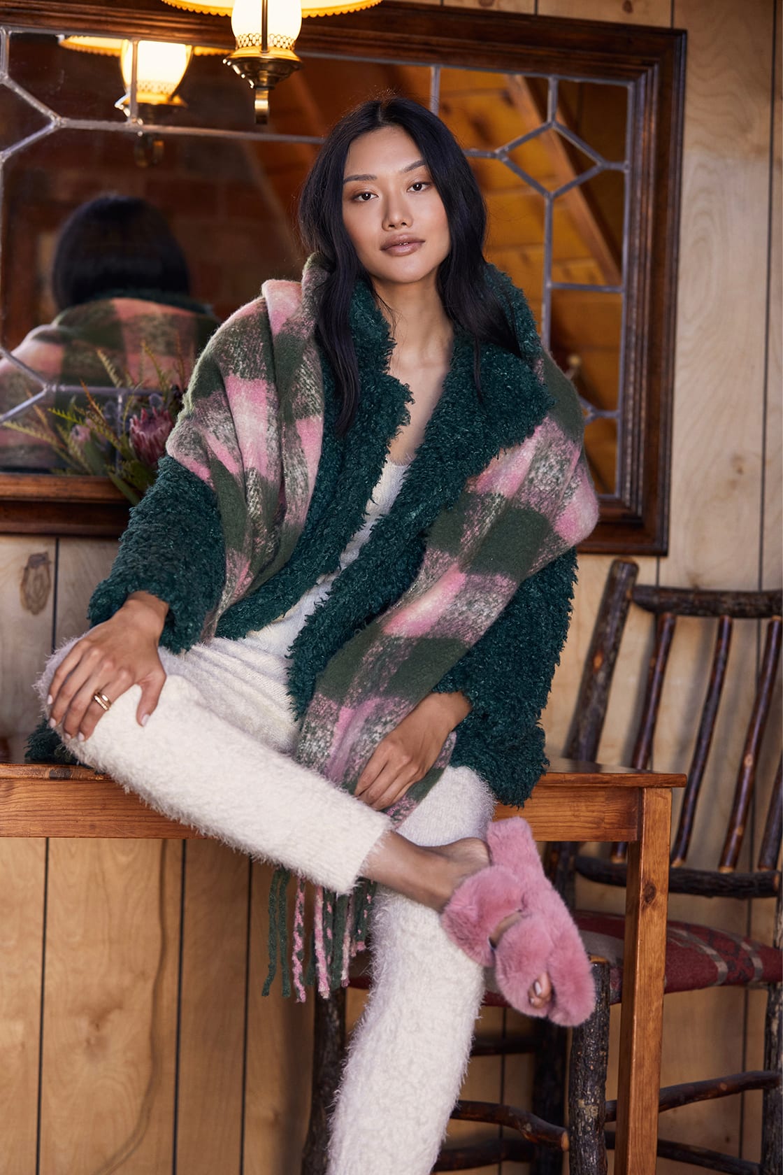 faux fur green jacket and pink plaid scarf