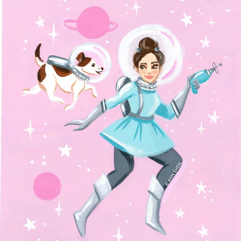 inspiring woman in space with dog astronaut