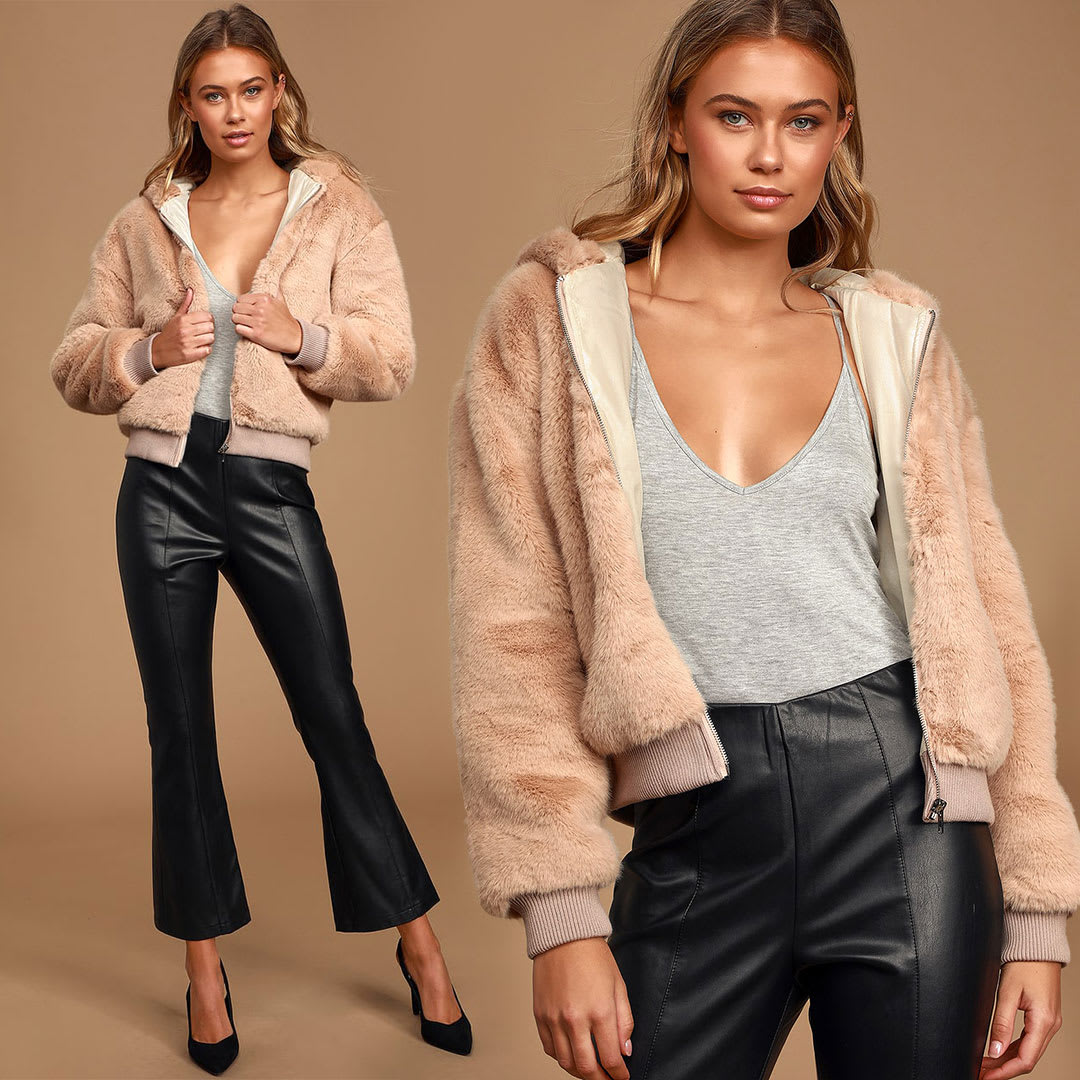 cozy winter jackets- beige faux fur hoodie