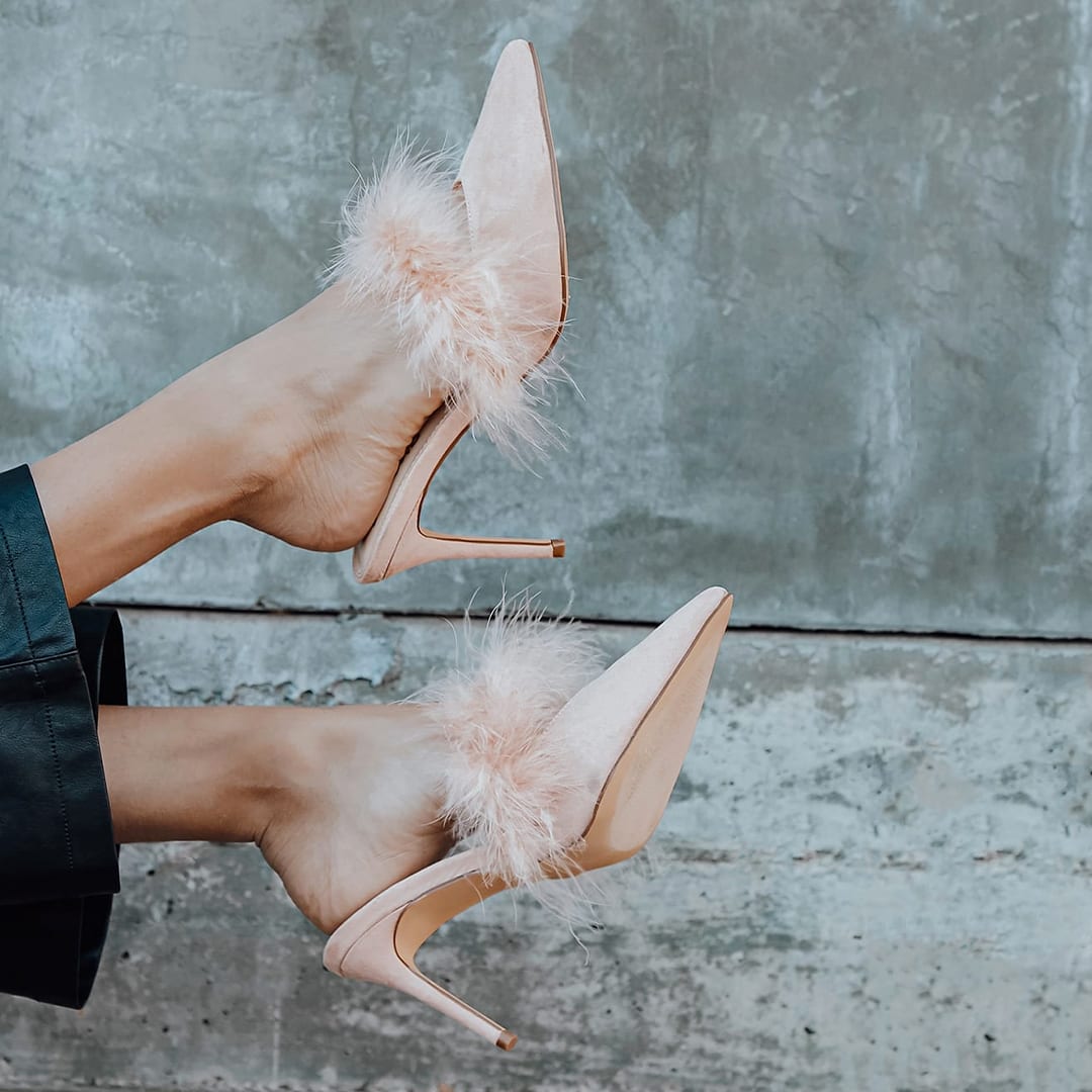 blush feather trim mules