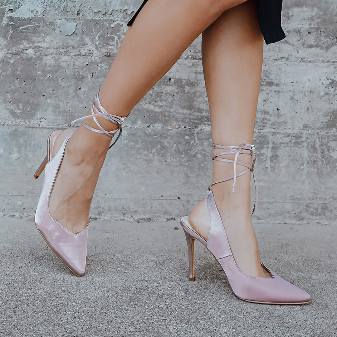 feet walking wearing mauve satin lace up heels for boudoir inspired sexy valentines day outfits