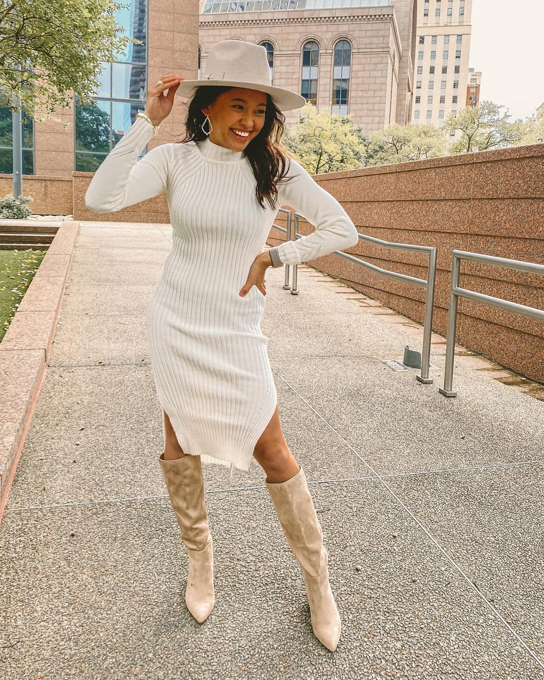 sweater dress with long boots