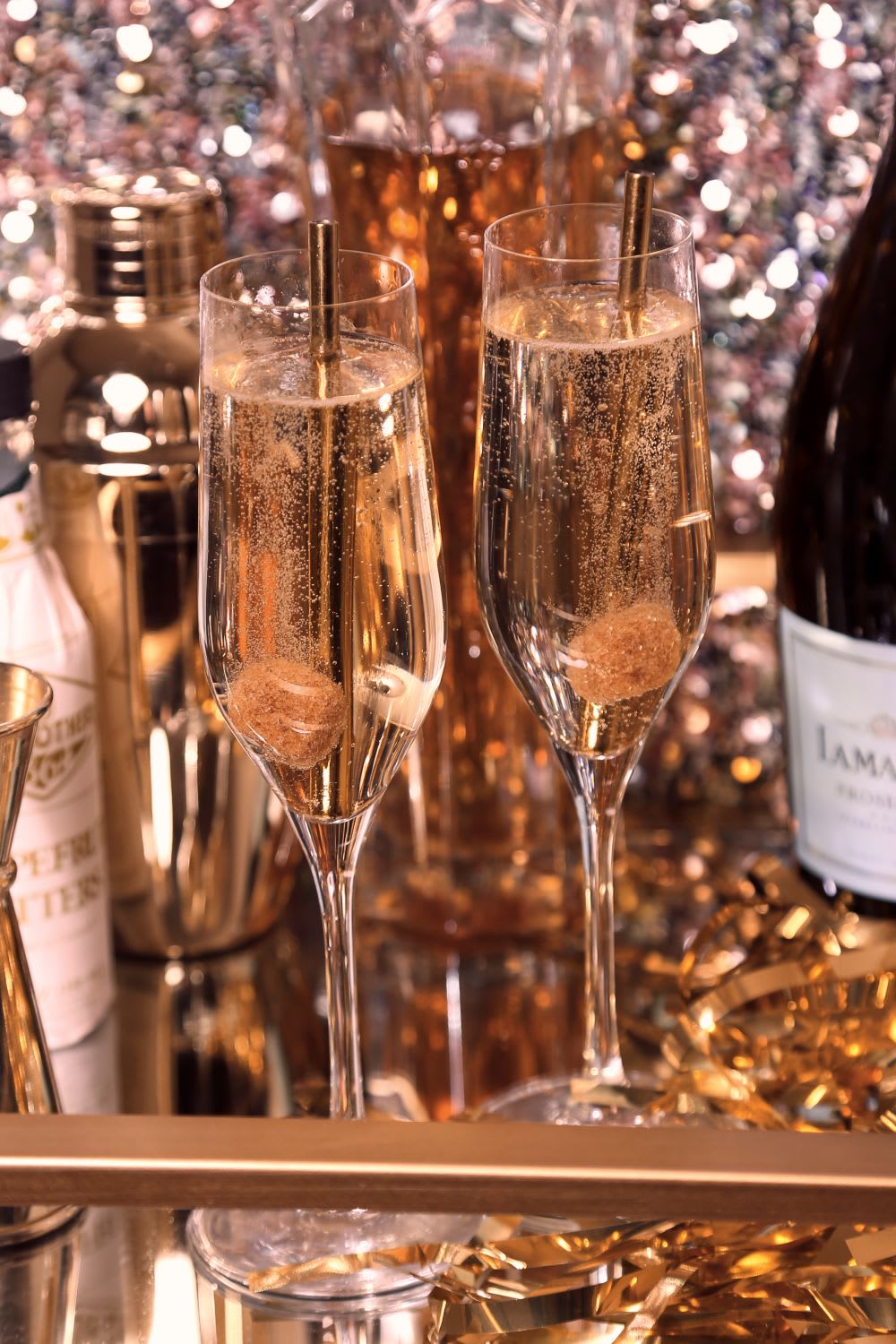prosecco cocktails in glasses with decorations