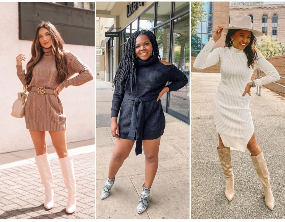 white sweater dress with boots