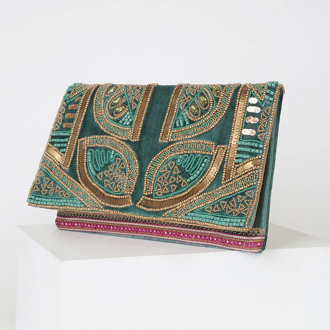 green velvet and gold beaded clutch