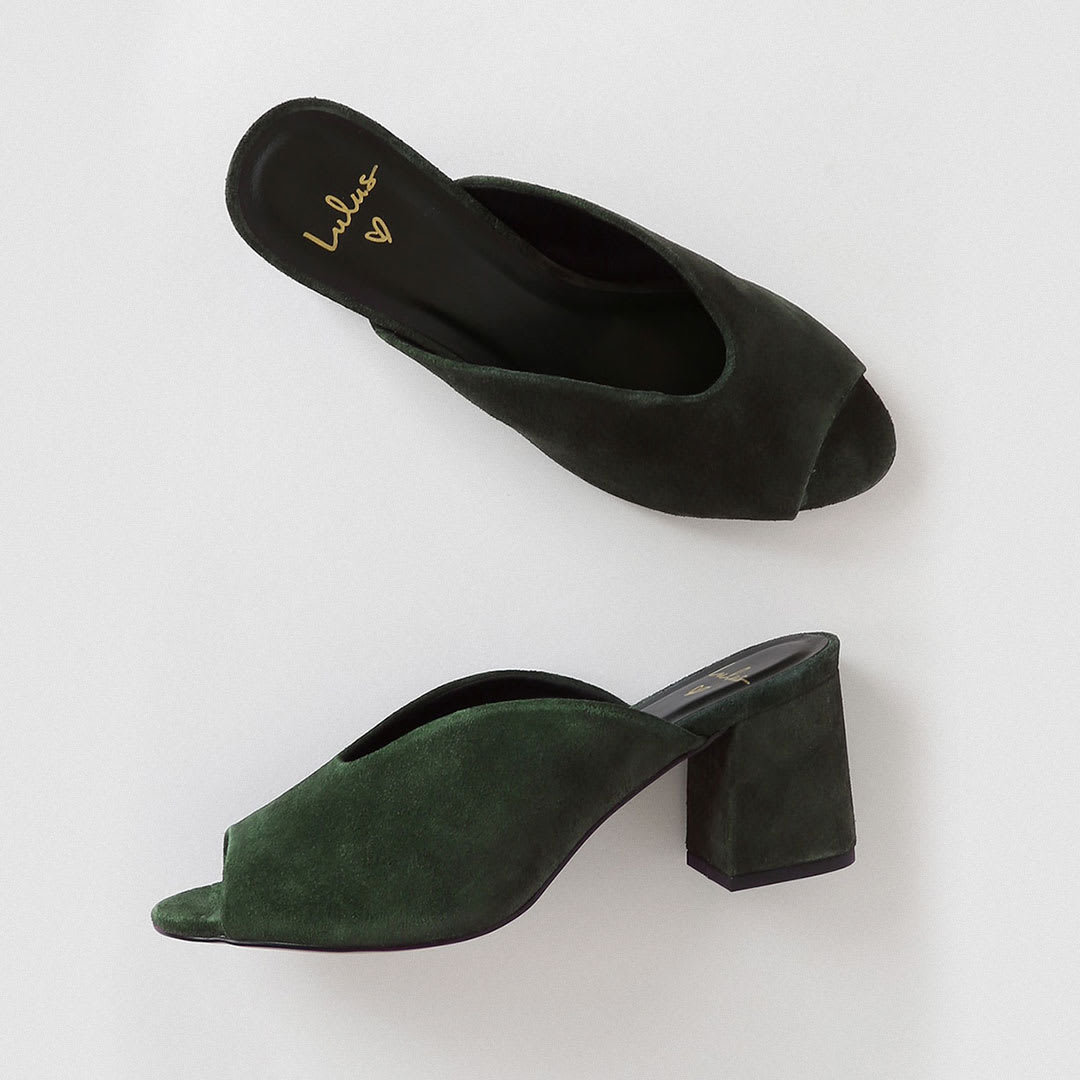 green suede peep toe mules