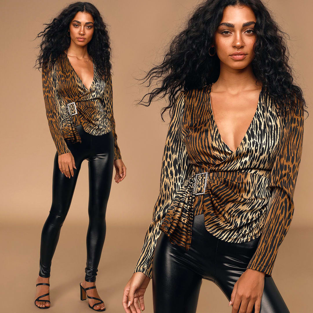 tiger print top with rhinestone buckle