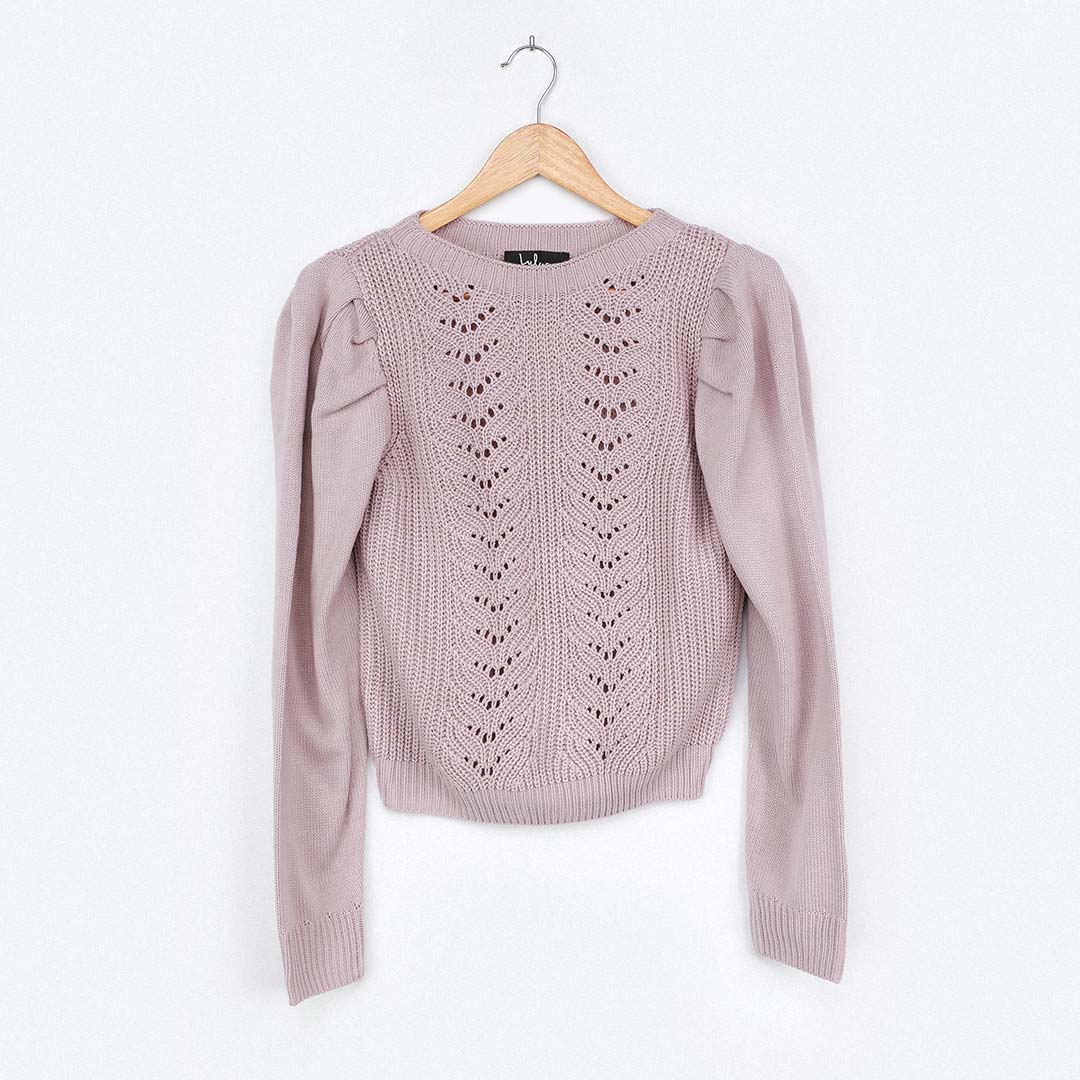 lavender pointelle puff sleeve sweater