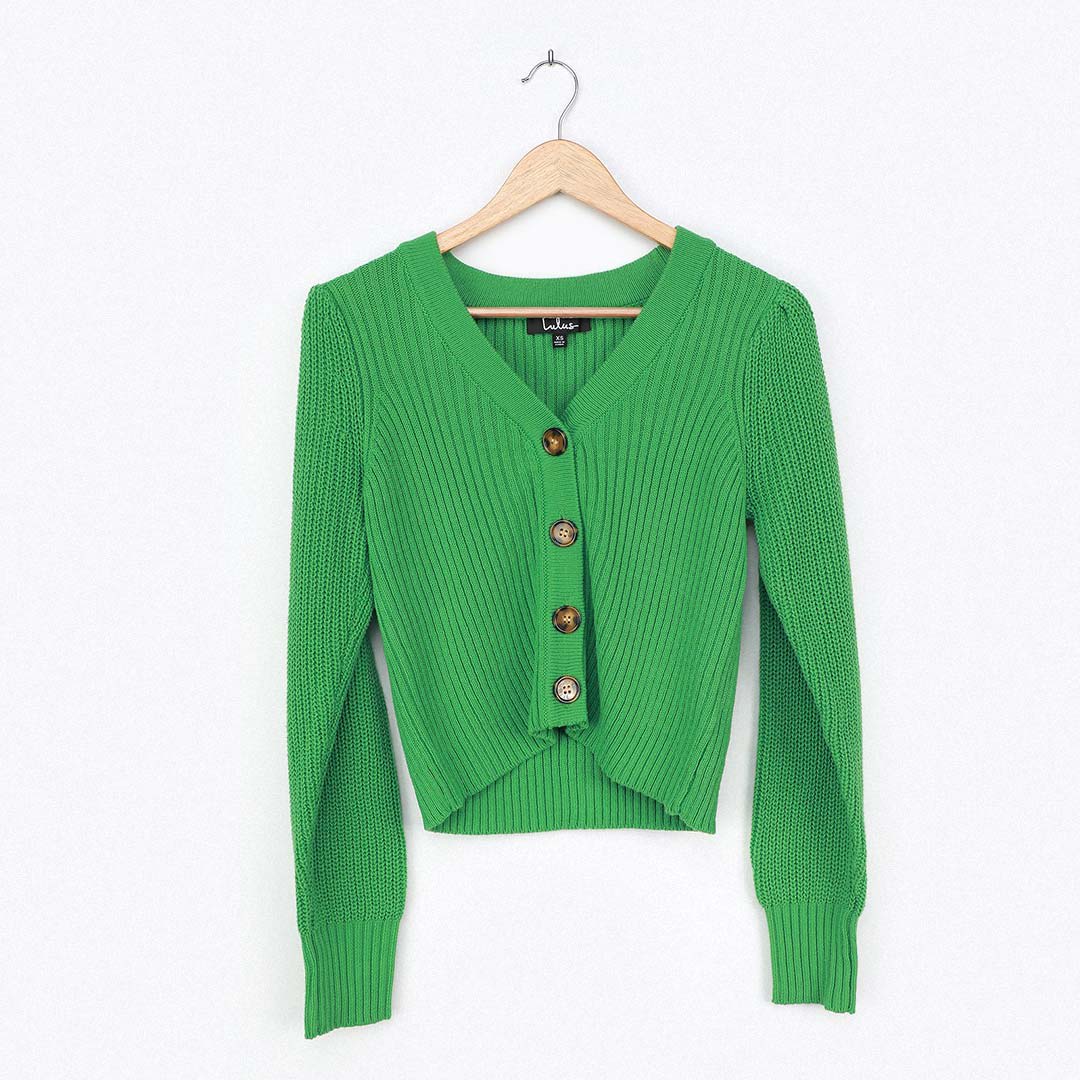 green puff sleeve cropped cardigan sweater