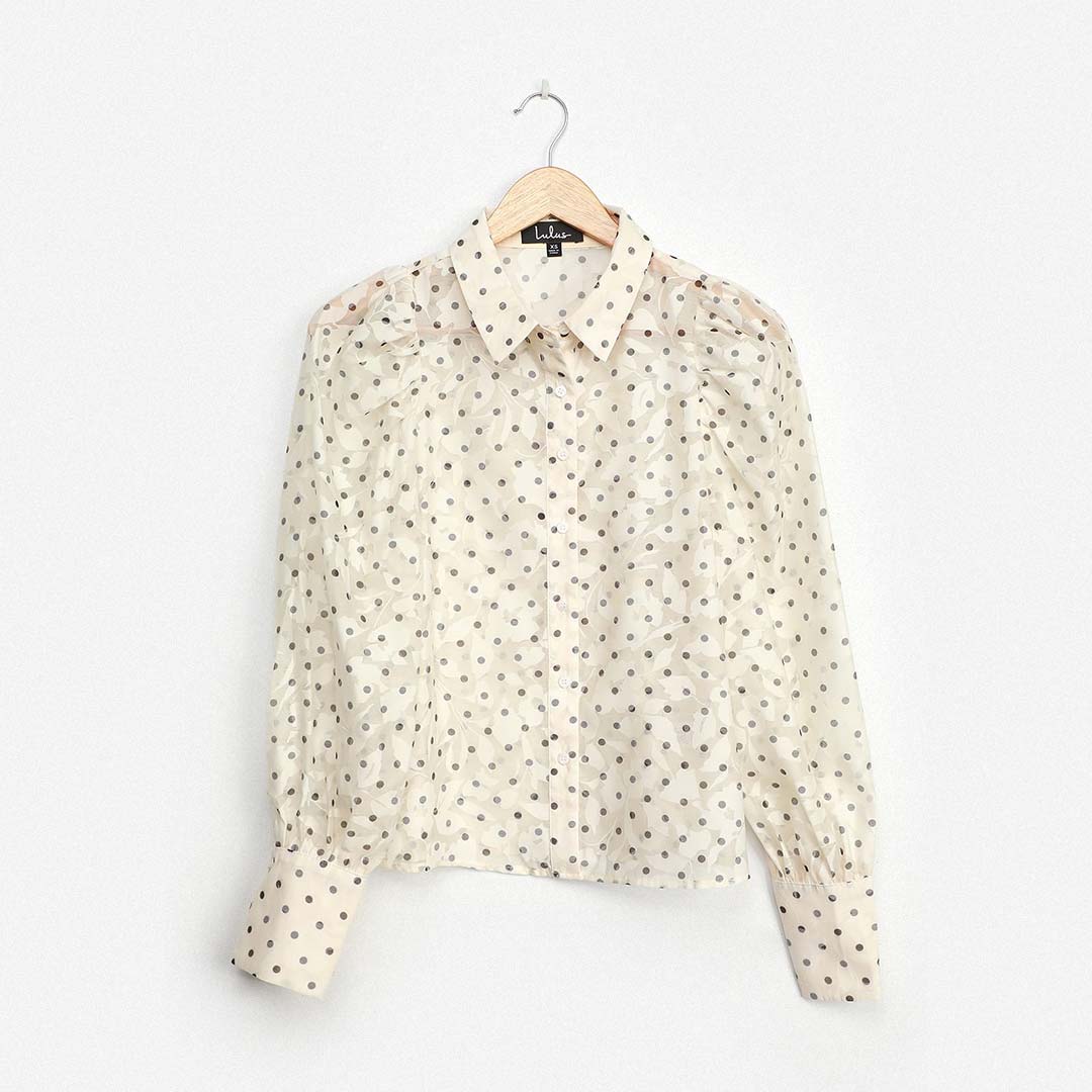 ivory burnout floral polka dot button up top