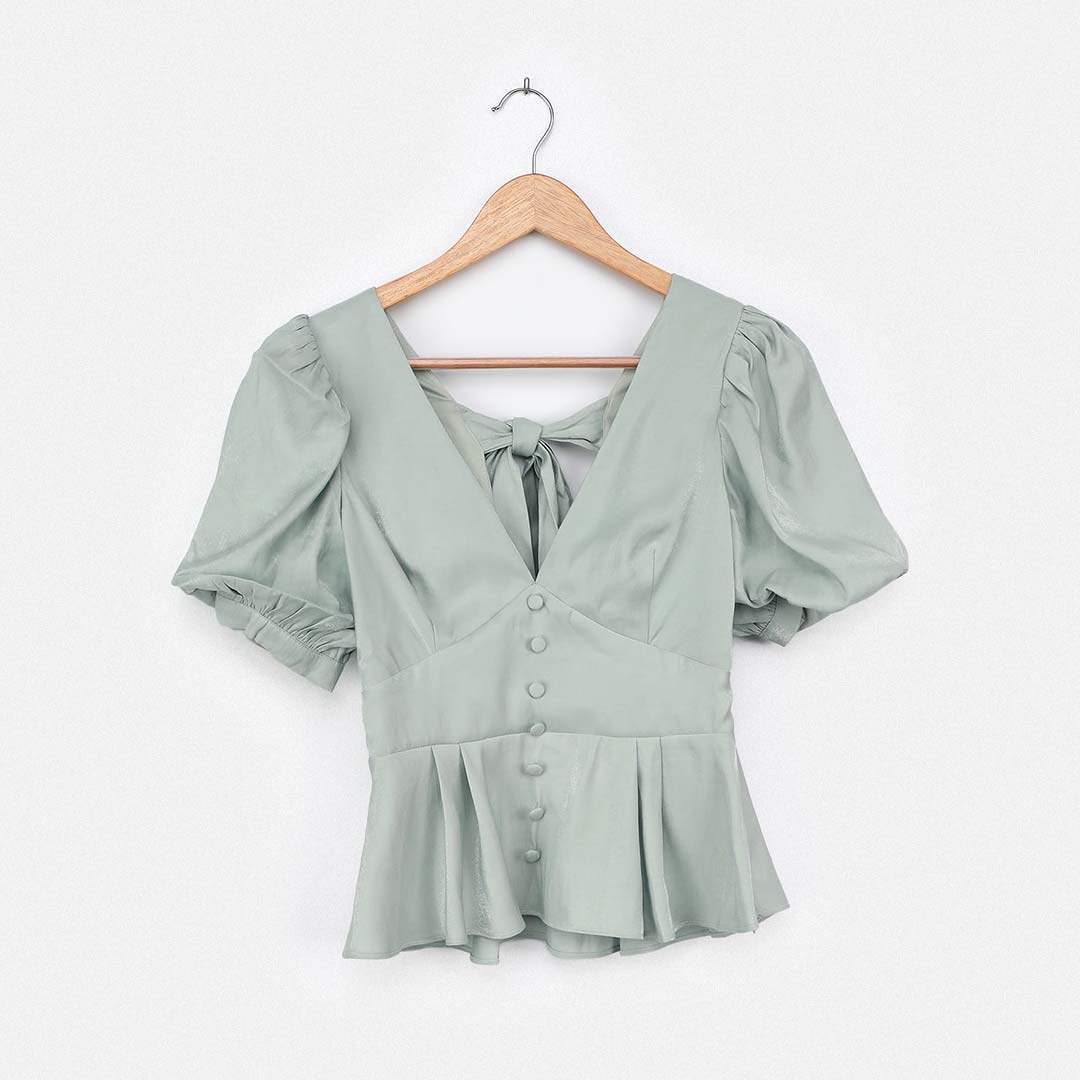 light sage puff sleeve tie back peplum top