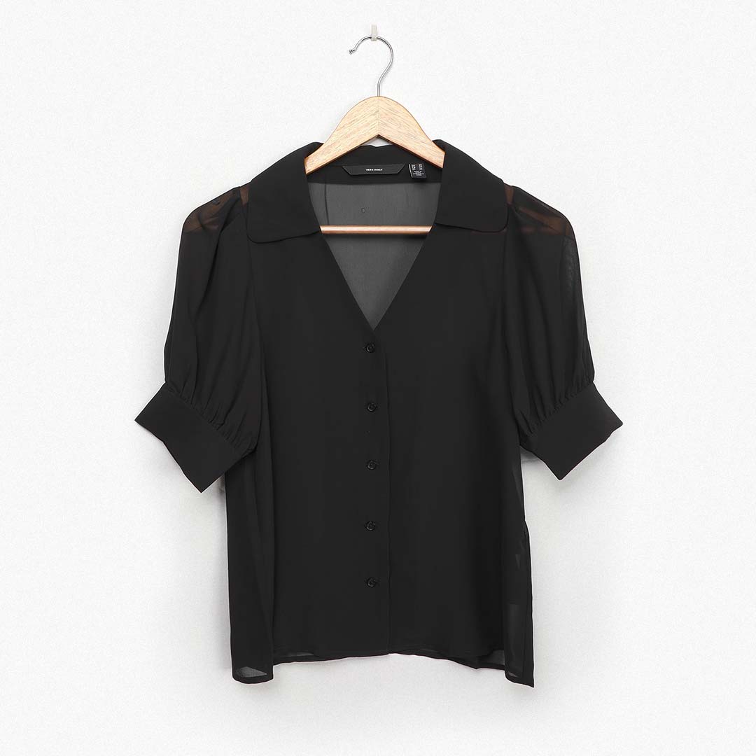 black short sleeve button up top with puff shoulders