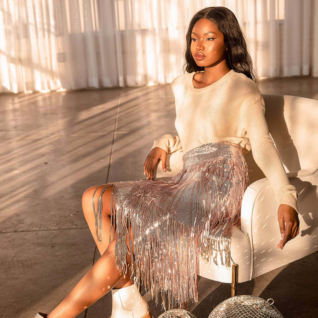 rose gold sequin fringe midi skirt
