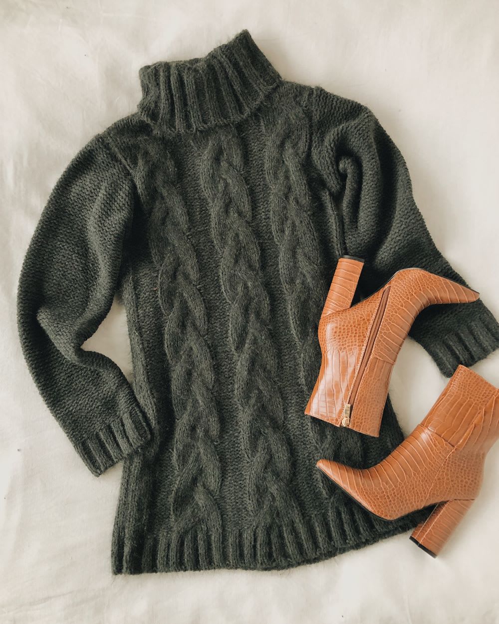 green dress with brown ankle boots
