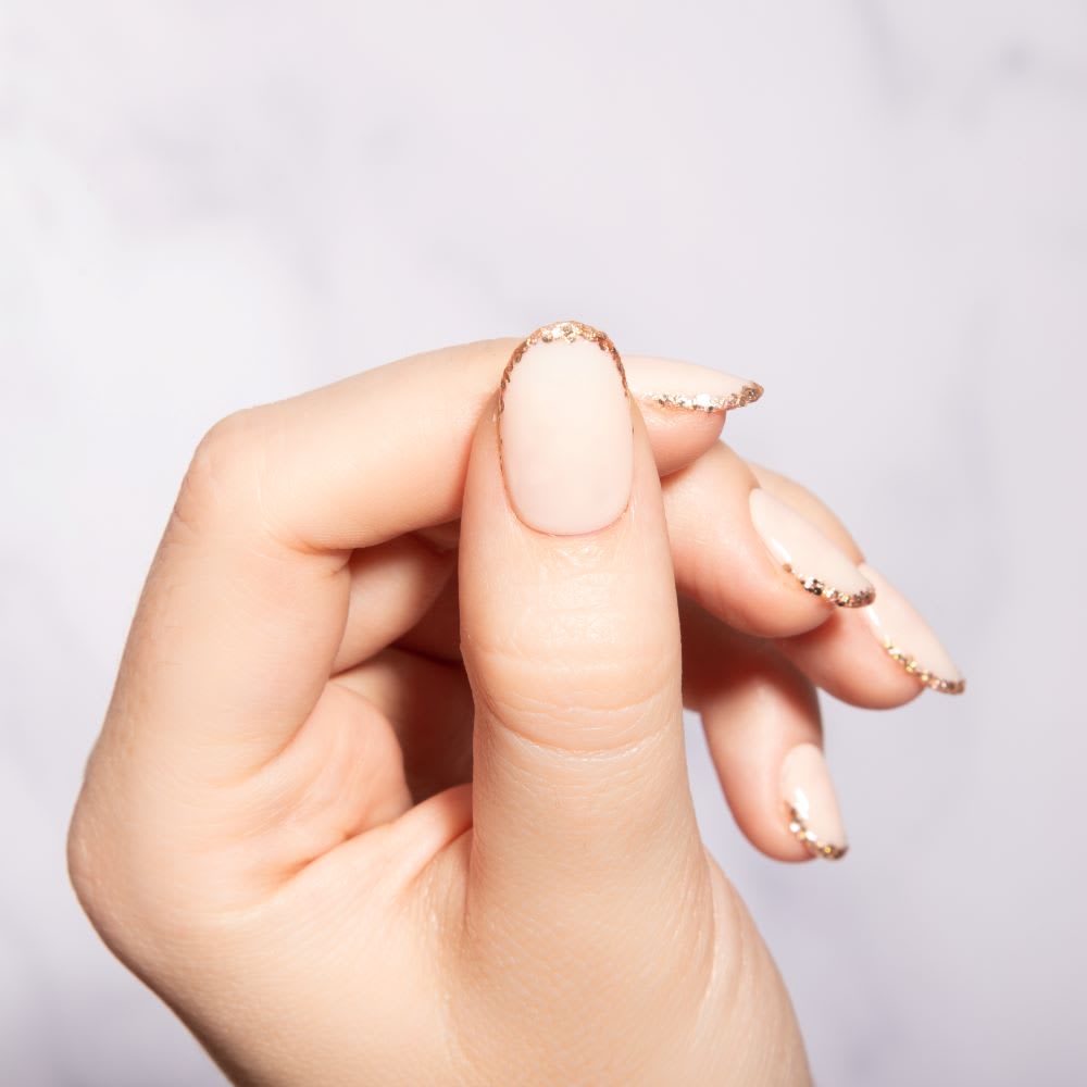 Light Pink Nail Design With White Lines, Rhinestones, Glitter With  Gladiolus. Stock Photo, Picture and Royalty Free Image. Image 166135122.