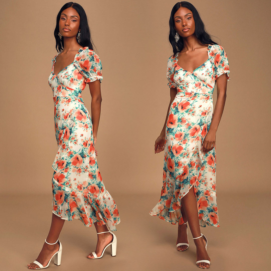 white floral print ruffled midi faux wrap dress