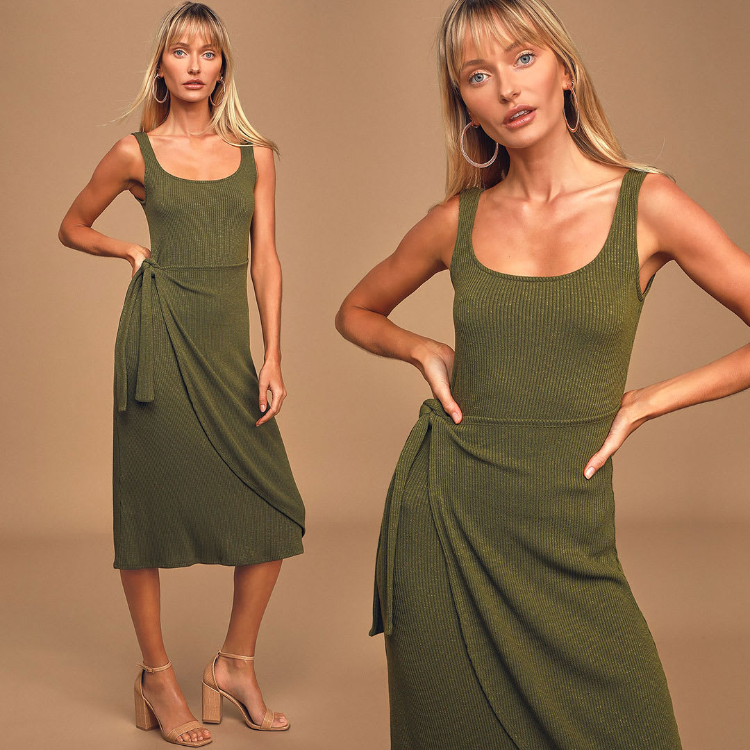 olive green ribbed side tie midi dress