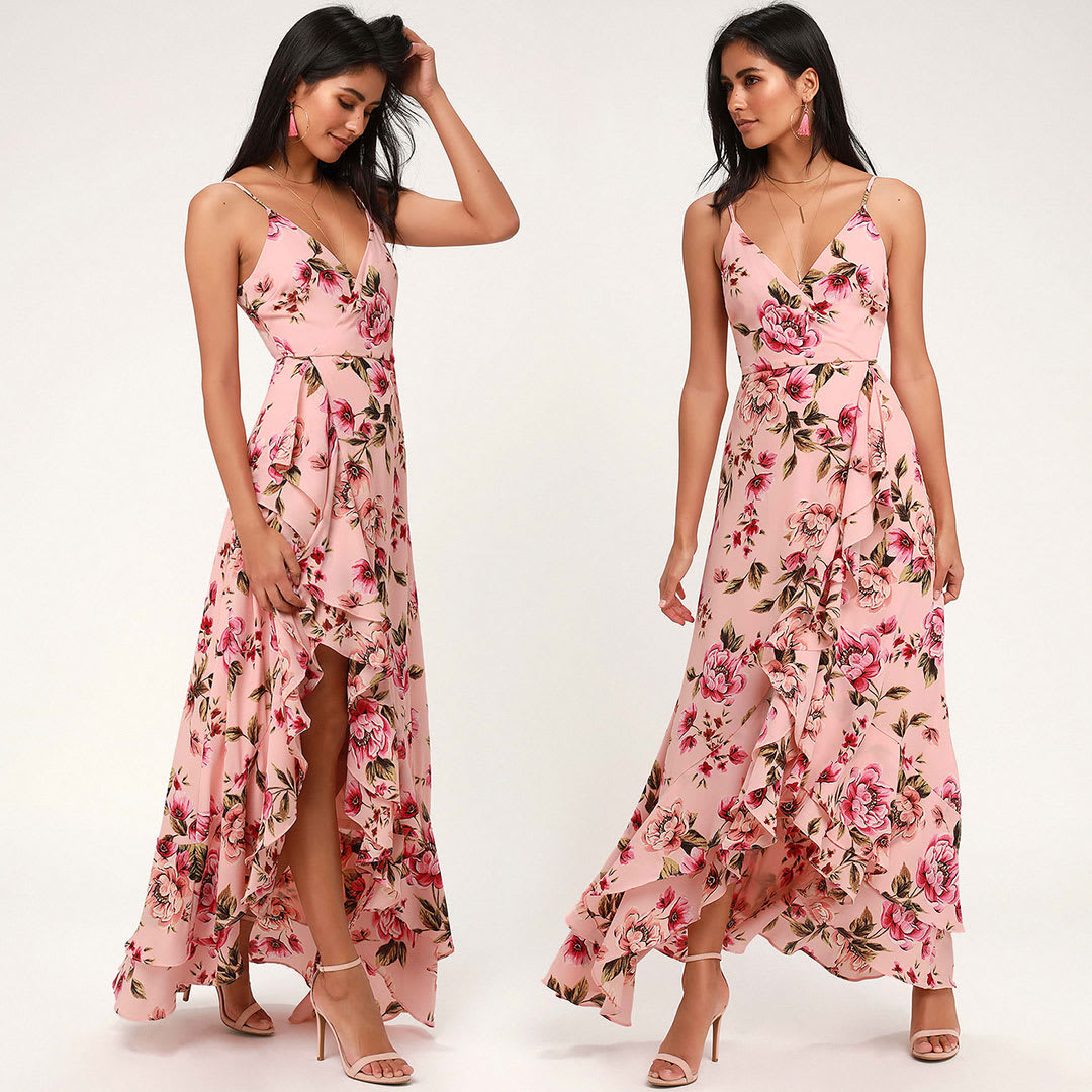 blush pink floral print maxi dress