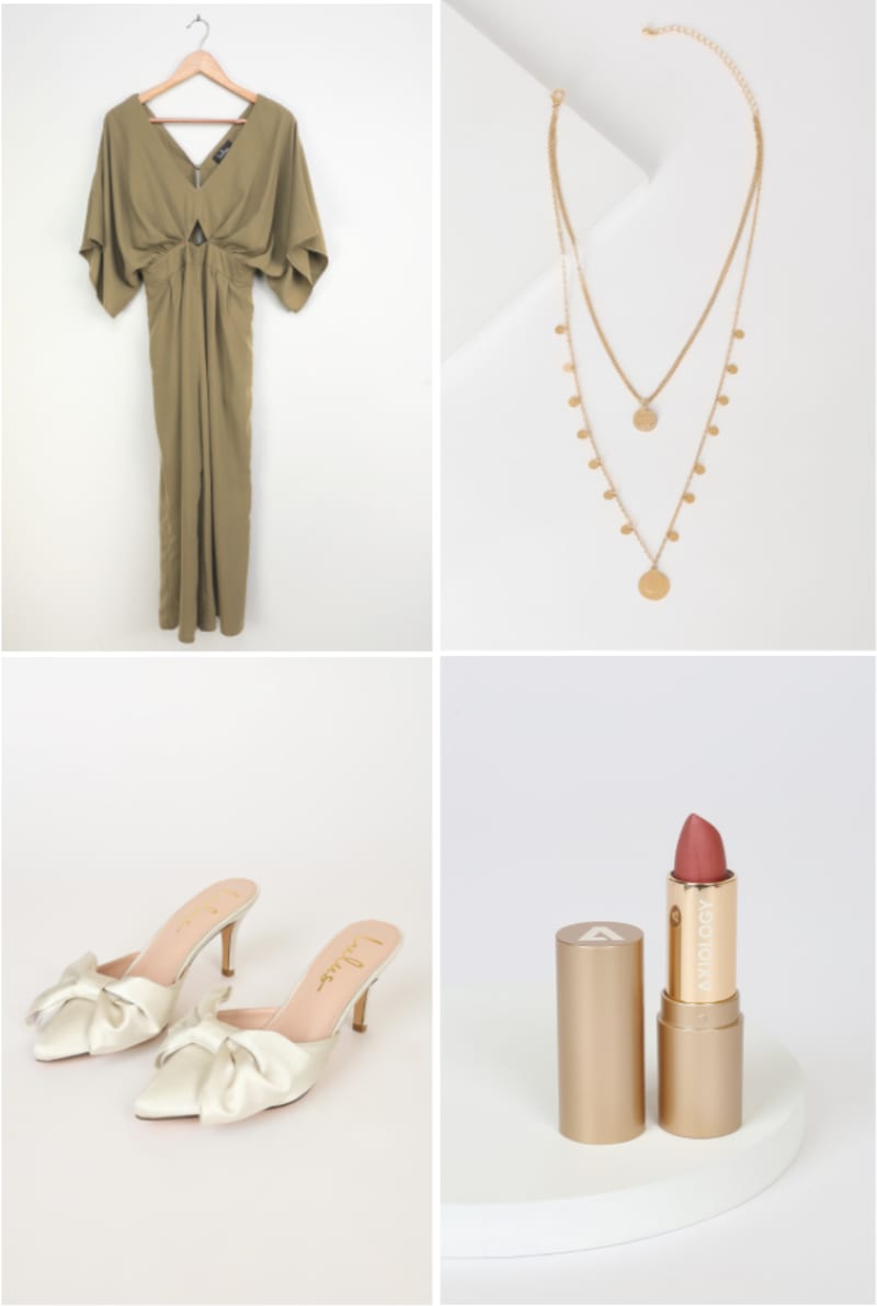 jumpsuit with satin bow mules as a V-day outfit