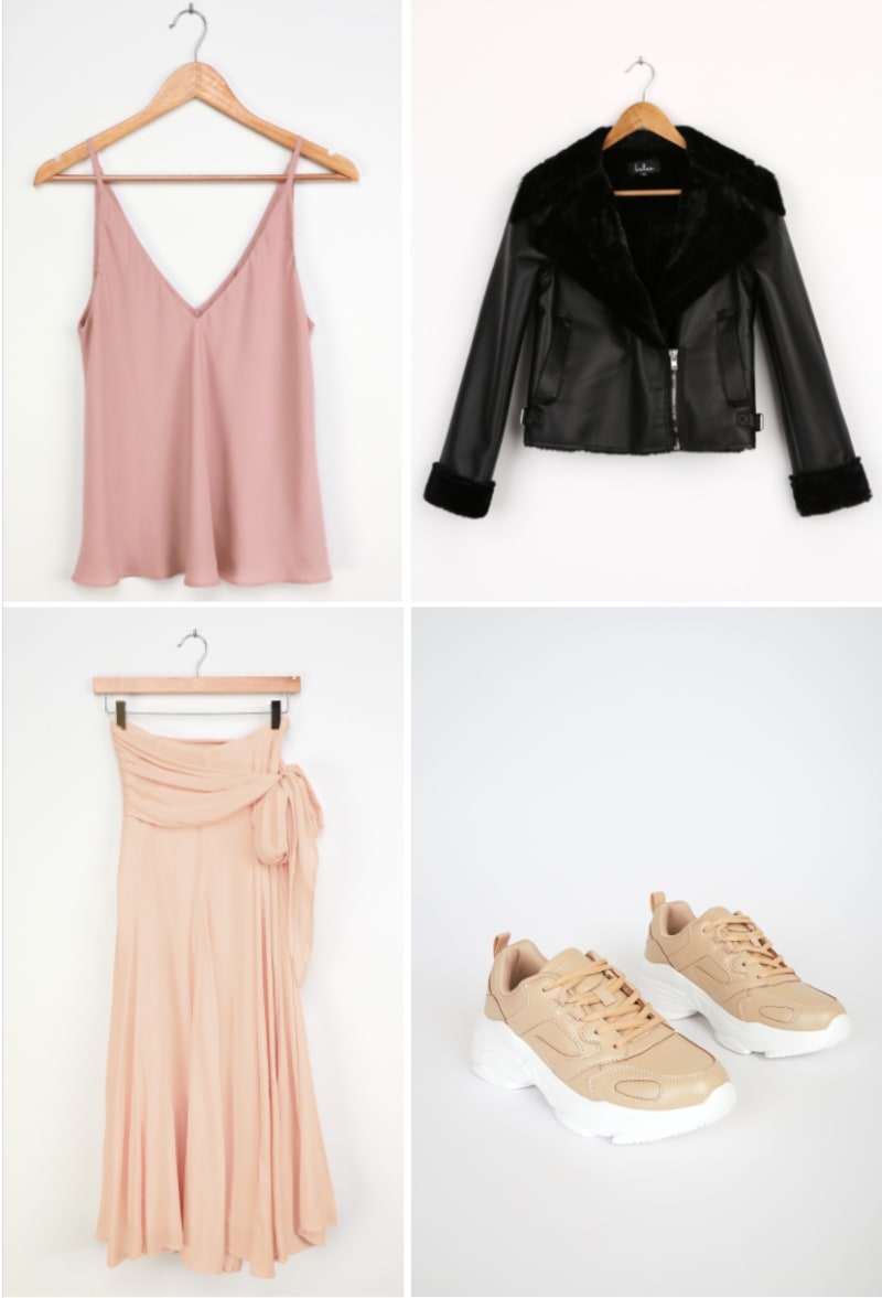 valentines day look with black moto jacket, blush skirt, mauve cami, and nude sneakers