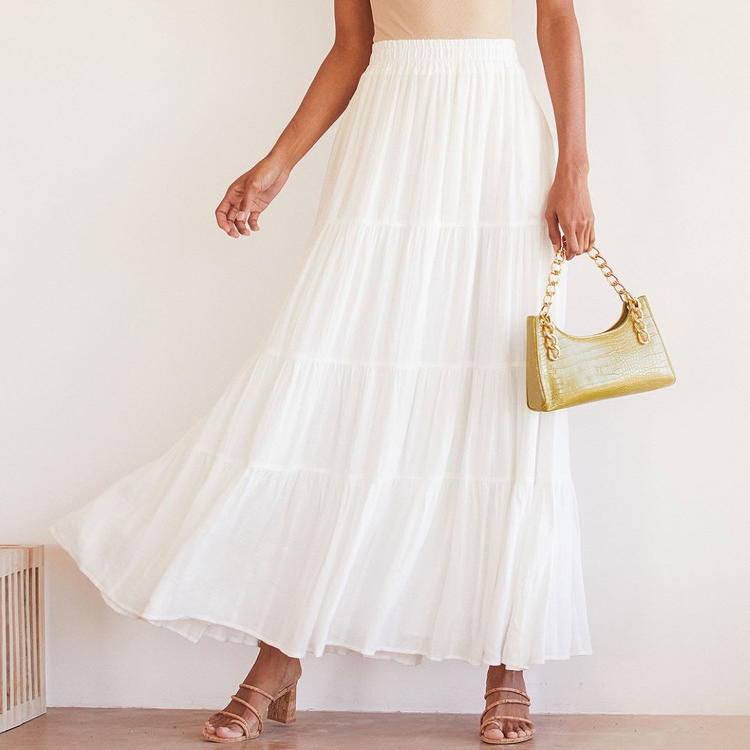 a white tiered maxi skirt