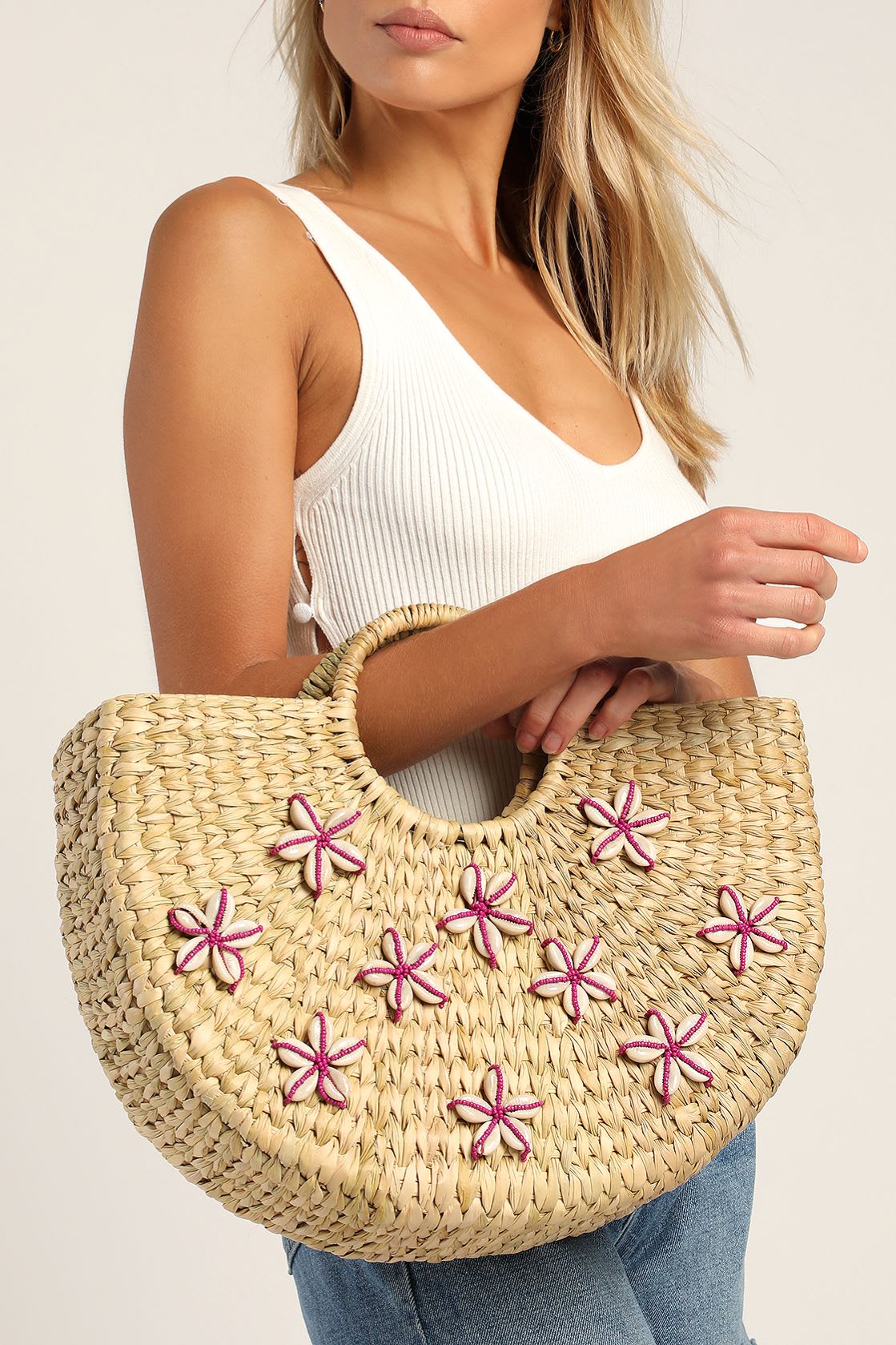 beige and pink woven tote