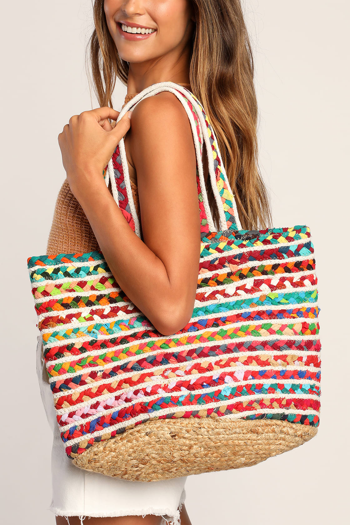 multi fabric and straw tote bag