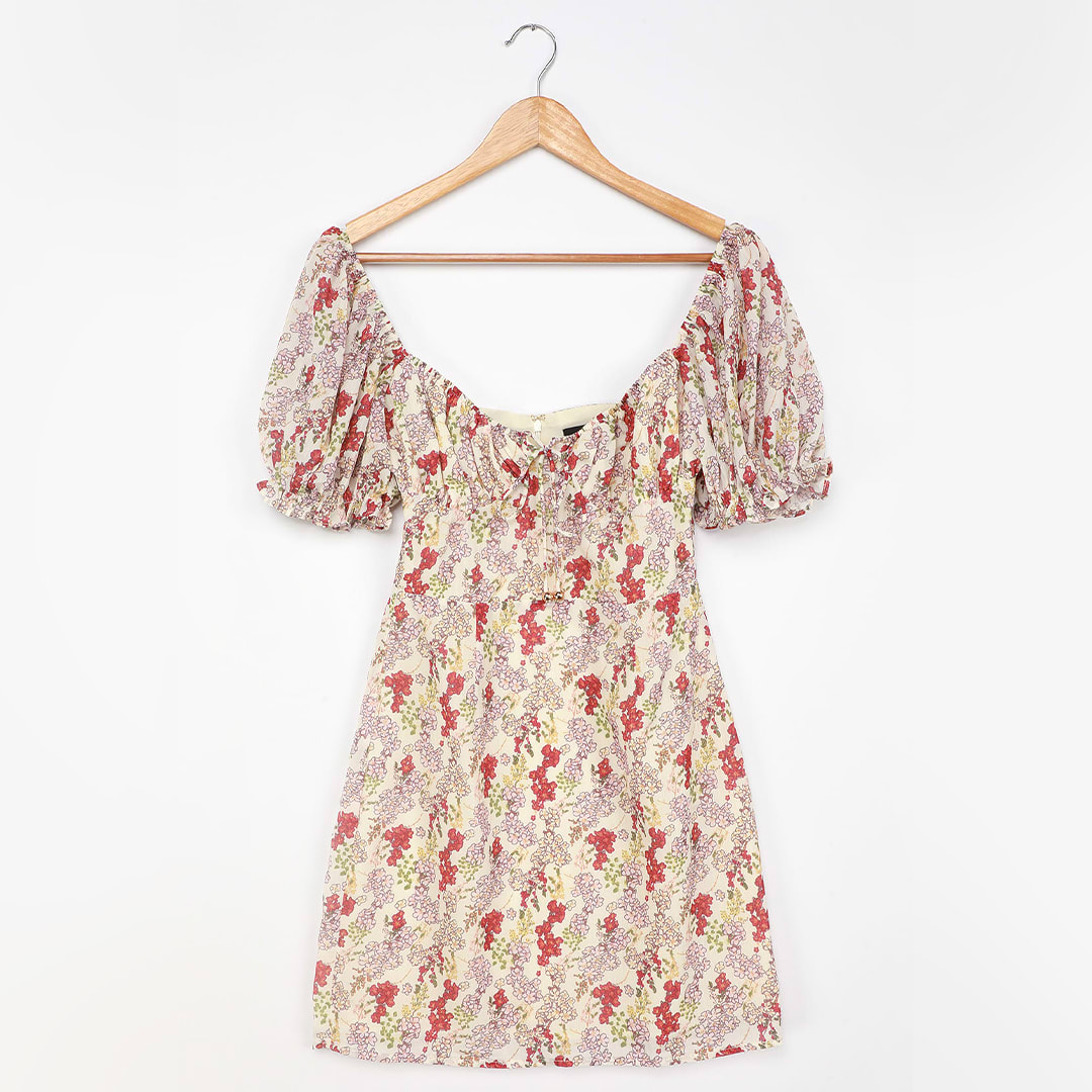 cream floral print puff sleeve mini dress