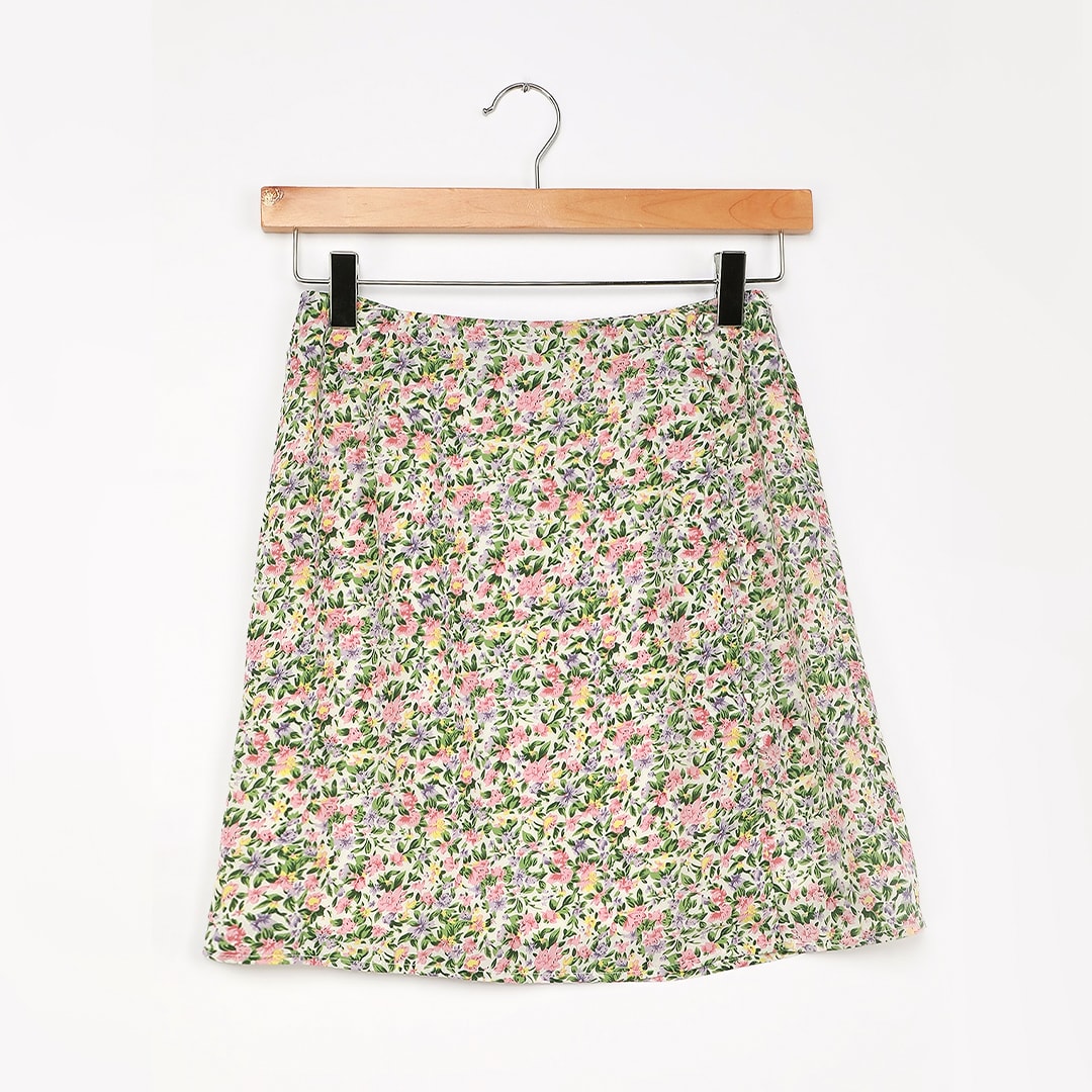 white floral print button front mini skirt