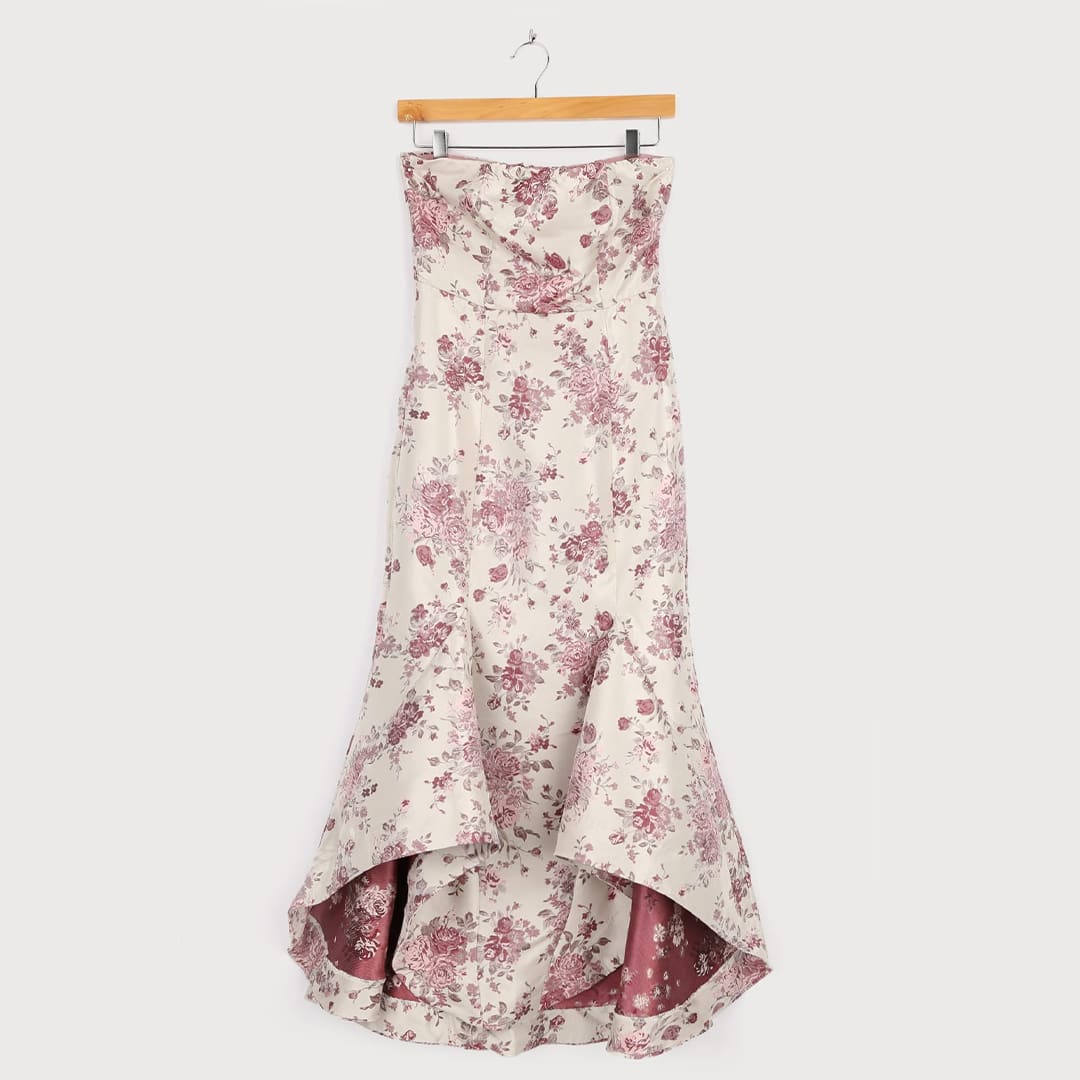 taupe floral jacquard strapless trumpet dress