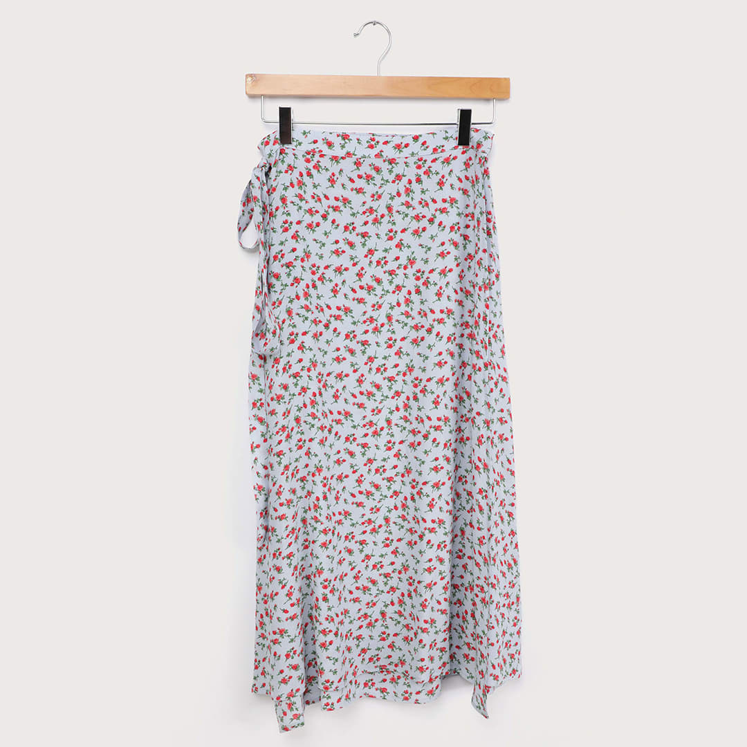 blue floral print midi wrap skirt
