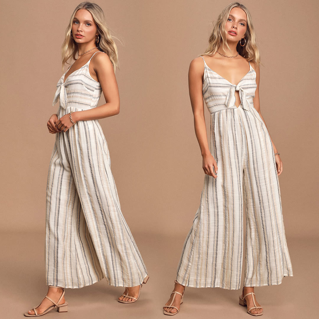 neutral striped wide leg jumpsuit