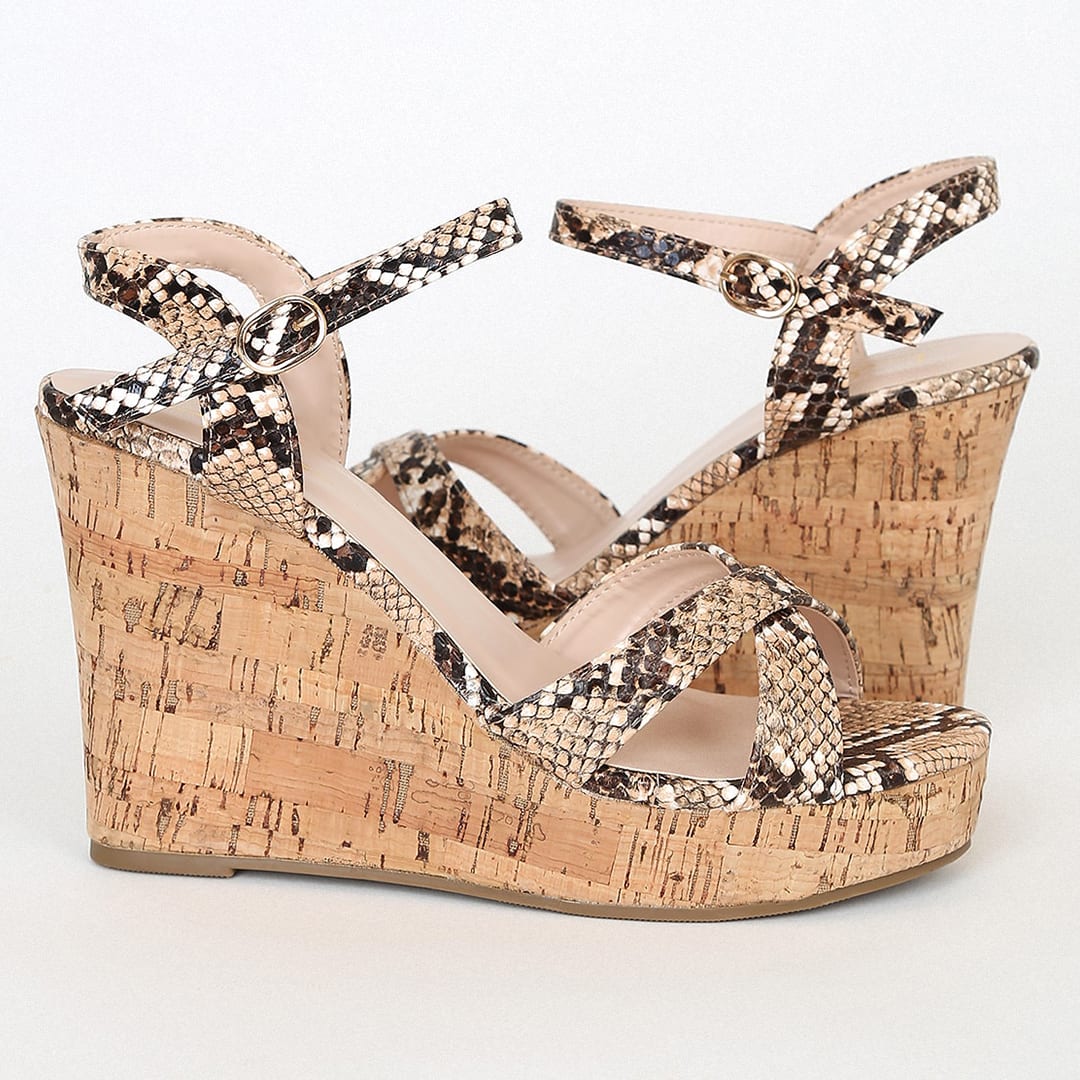 snake print cork wedges