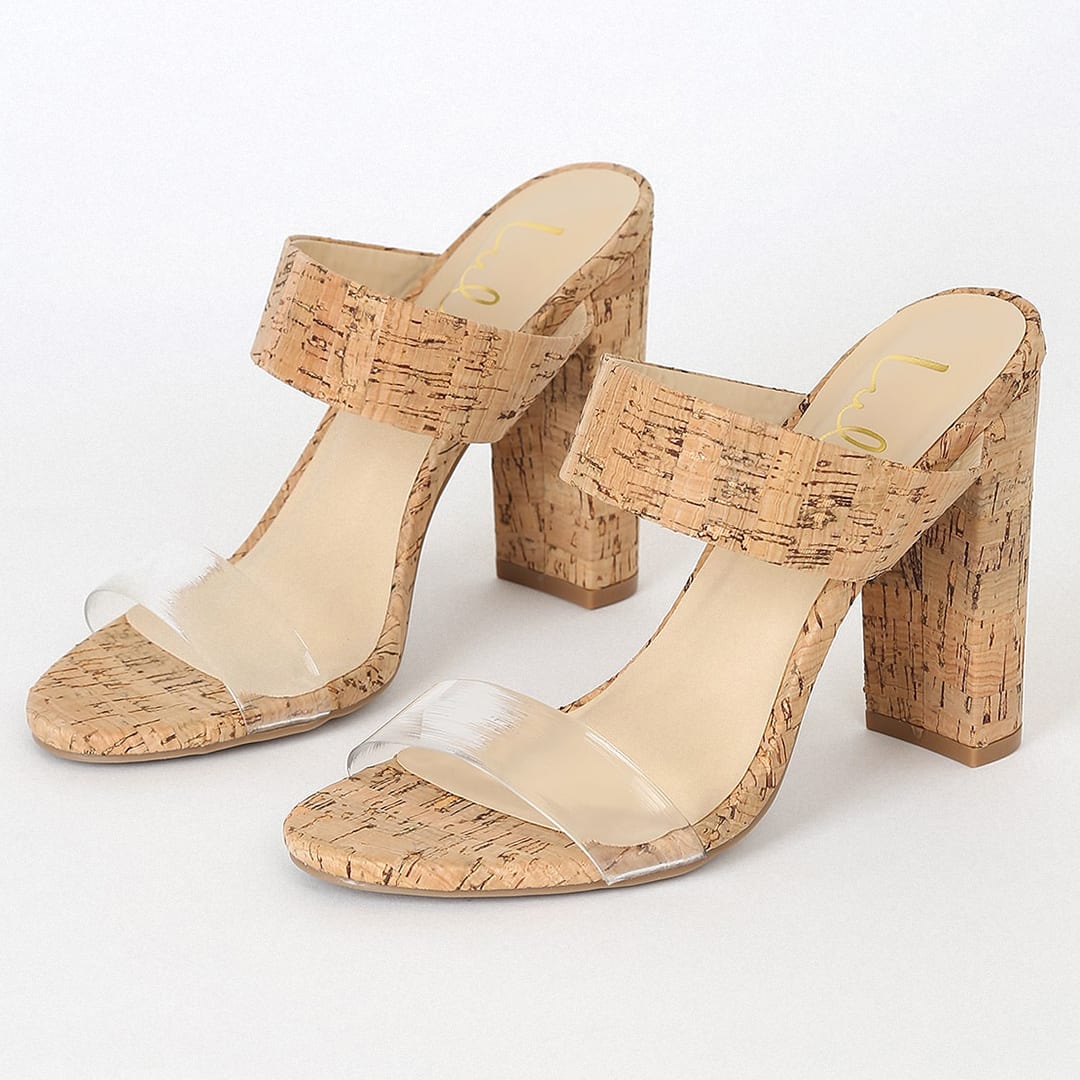 cork mules with clear vinyl strap