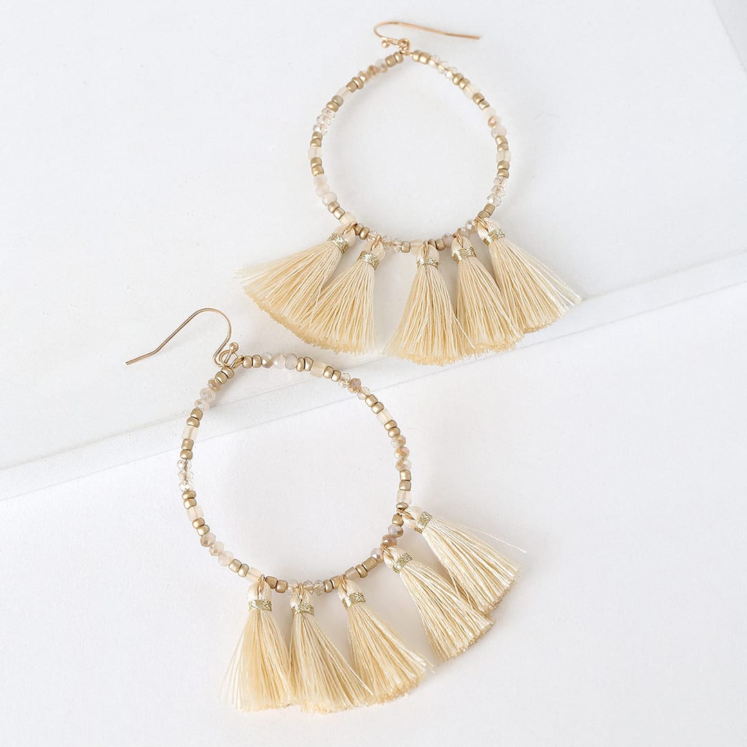 cream tassel earrings hoops