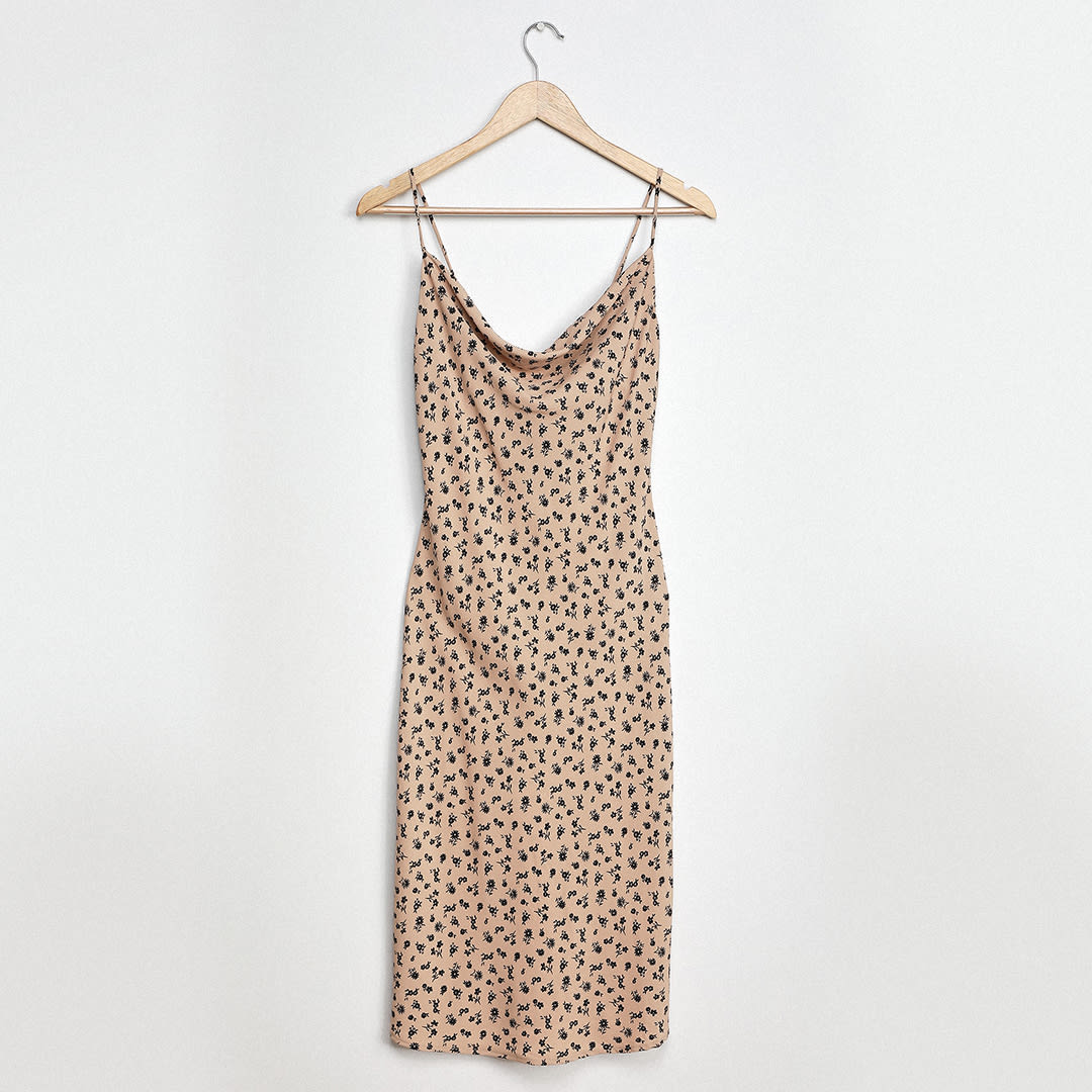 cowl neck neutral colored slip dress