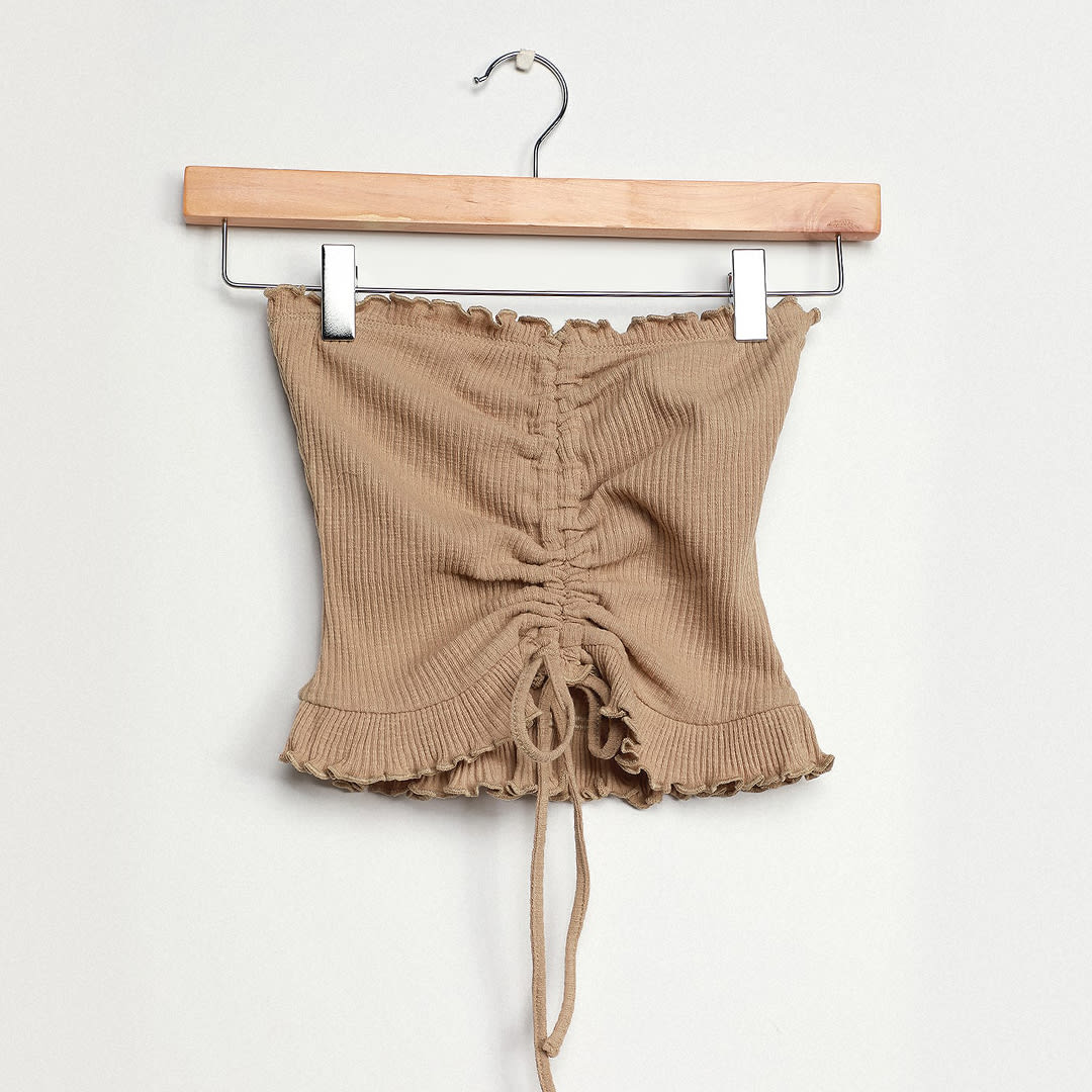ruched tan tube top as neutral color clothing