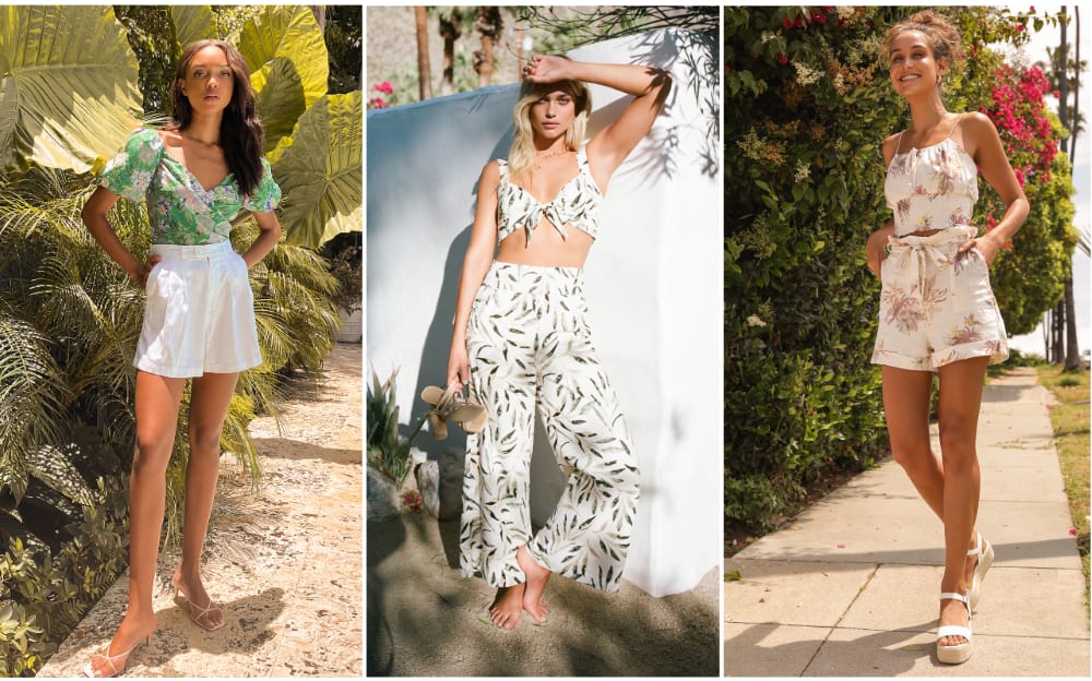 tropical print clothing on models