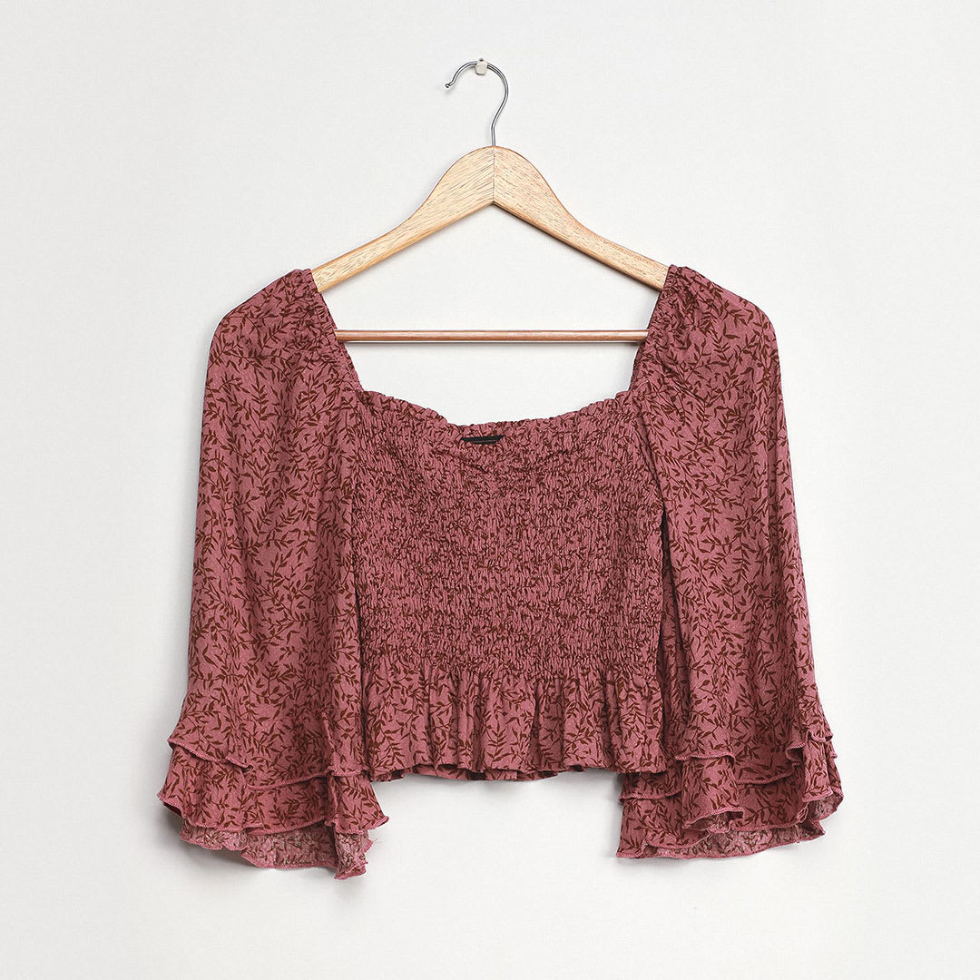 mauve pink print smocked tiered sleeve top