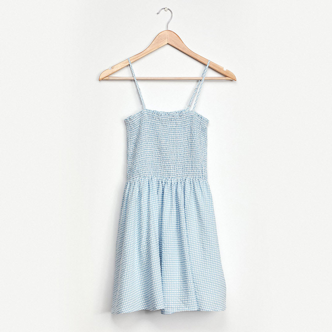 light blue smocked mini dress