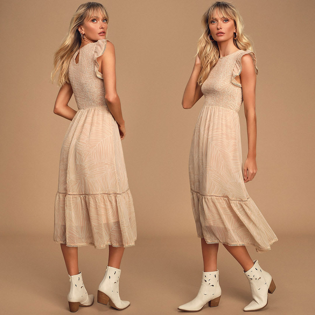 tan and white print midi dress