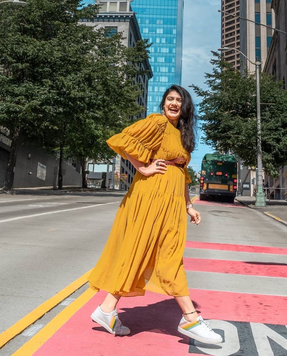 yellow dress with sneakers