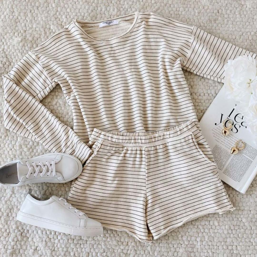 cream striped sweatshirt and shorts