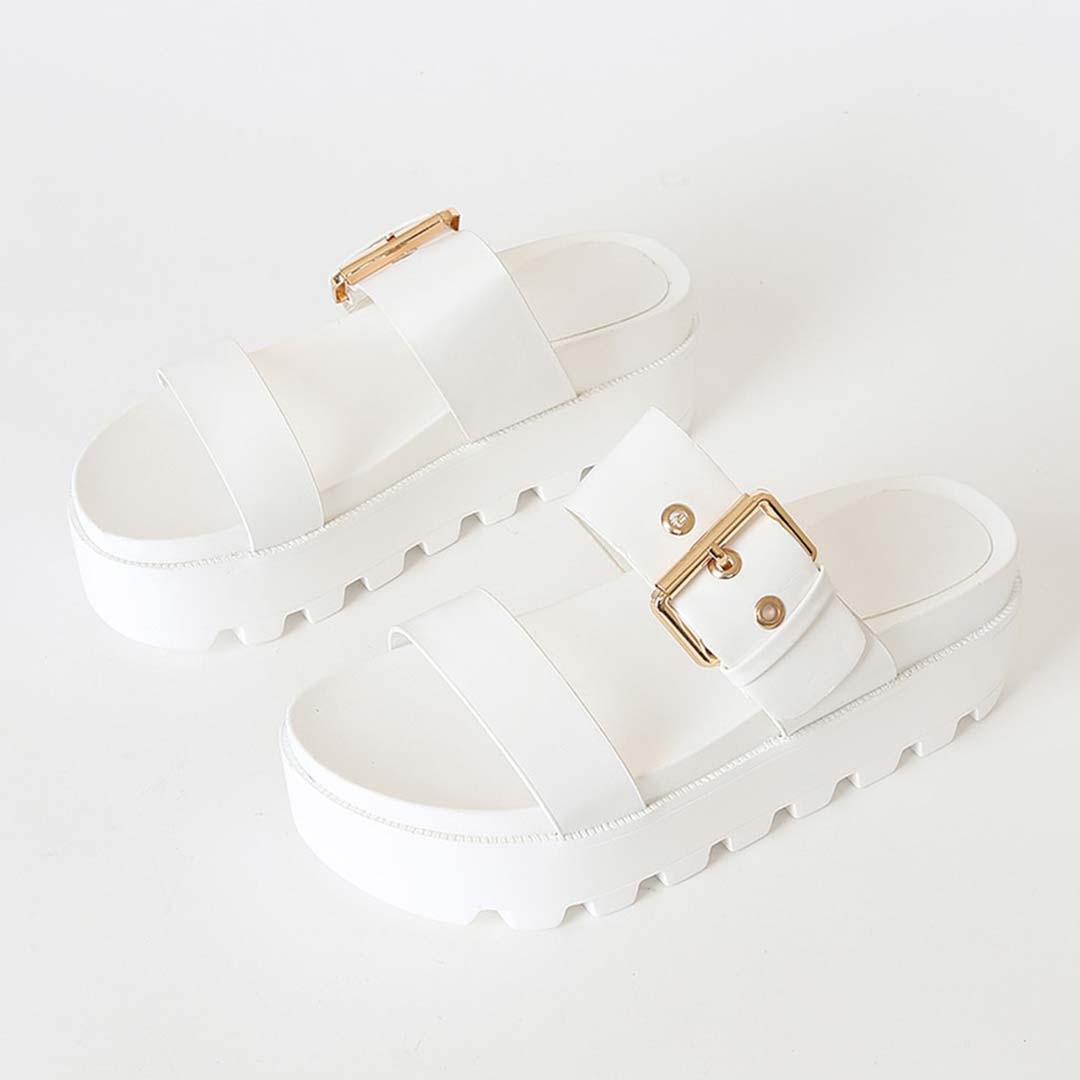 white platform sandals with buckles