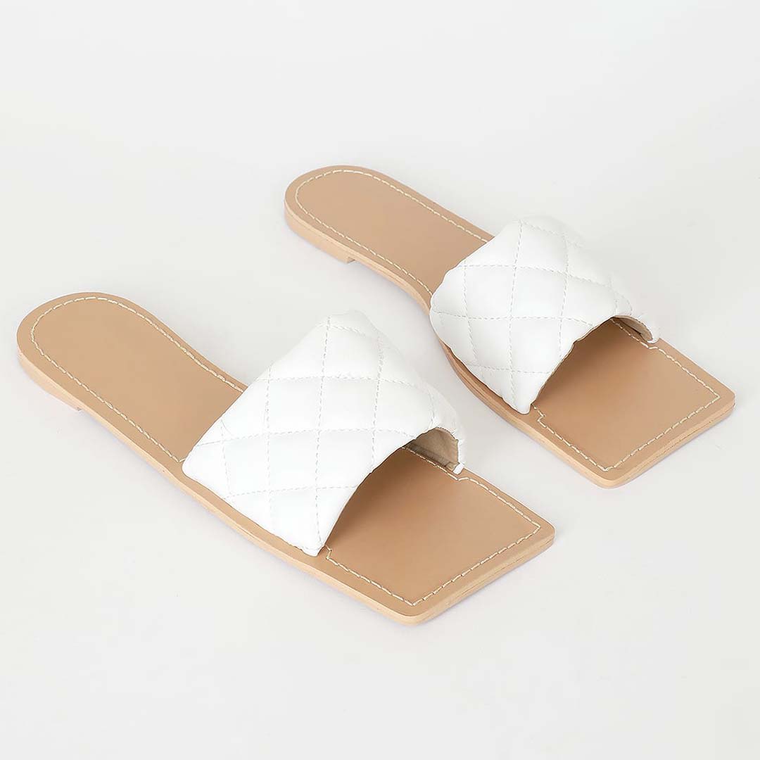 white quilted slide sandals